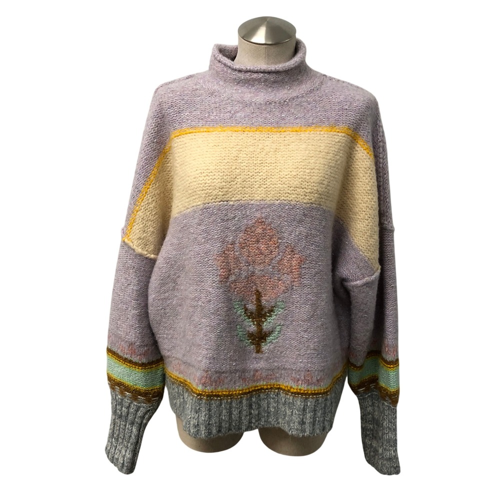 Pilcro Pullover Womens Medium Lavender Floral Knit Mock Neck Metallic Oversized